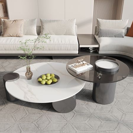 Modern Italian Style Grey Base Sintered Stone and Glass Top Round Coffee Table
