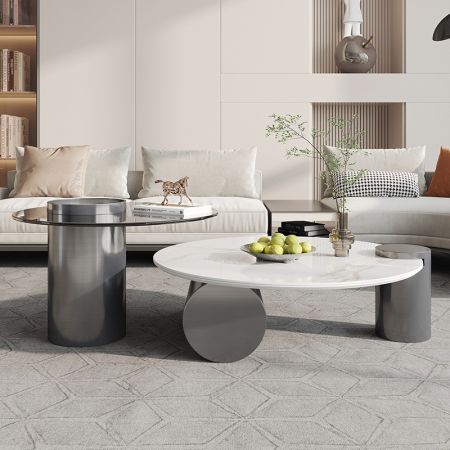 Modern Italian Style Grey Base Sintered Stone and Glass Top Round Coffee Table