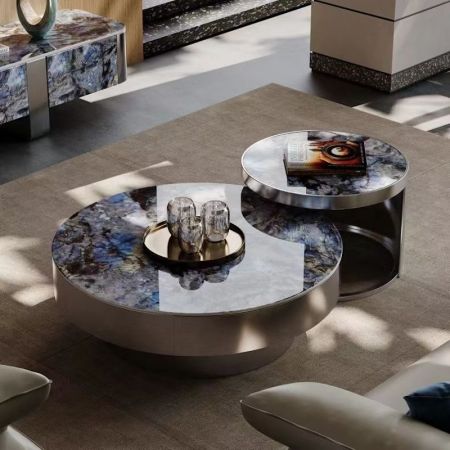 Sapphire & Cold Jadeite Sintered Stone Top with Metal Base Round Coffee Table