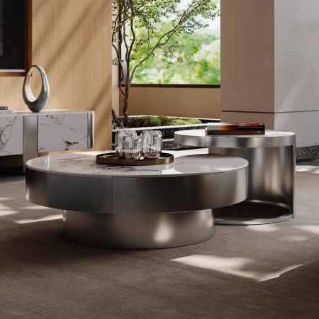 Sapphire & Cold Jadeite Sintered Stone Top with Metal Base Round Coffee Table