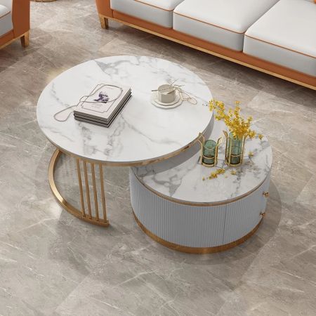 Modern White/Black Sintered Stone and Stainless Steel Metal Frame Round Coffee Table Set of 2
