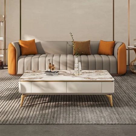 Glam Rectangle Coffee Table in Beige with Drawers