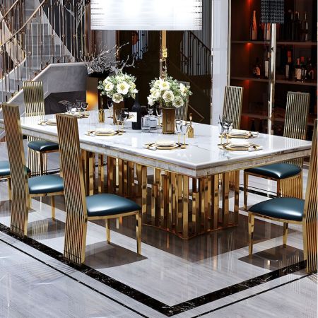 Elegant Gold Metal Double Pedestal with Marble Top Dining Table More Colours and Sizes are customisable