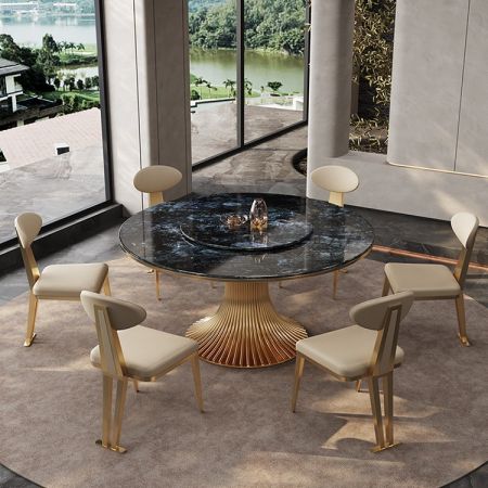 Glam Metal Abstract Curved Base and Sintered Stone Top Round Dining Table with Lazy Susan More Colours and Sizes Customisable