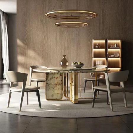Aurora Luxe Metal Cross-Frame Base Sintered Stone Top Round Dining Table with Lazy Susan More Colours and Sizes Customisable