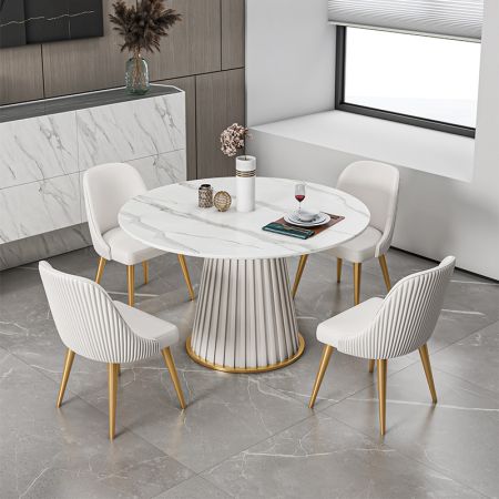 Leather Pleated Column Sintered Stone Top Round Dining Table with Lazy Susan More Colours & Sizes Customisable