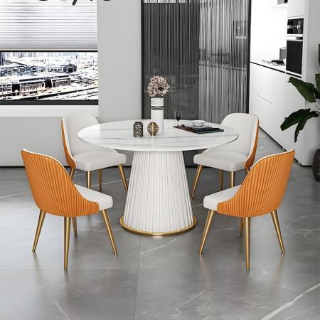 Leather Pleated Column Sintered Stone Top Round Dining Table with Lazy Susan More Colours & Sizes Customisable