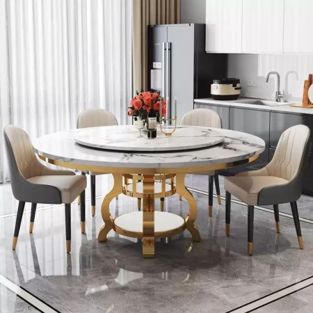 Regal Gold Ribbon Base Sintered Stone Round Dining Table with Lazy Susan More Colours & Sizes Customisable