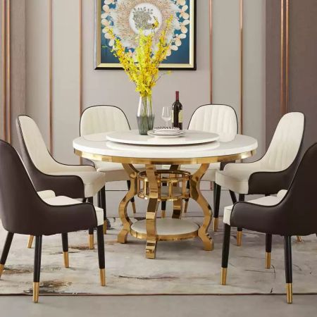 Regal Gold Ribbon Base Sintered Stone Round Dining Table with Lazy Susan More Colours & Sizes Customisable