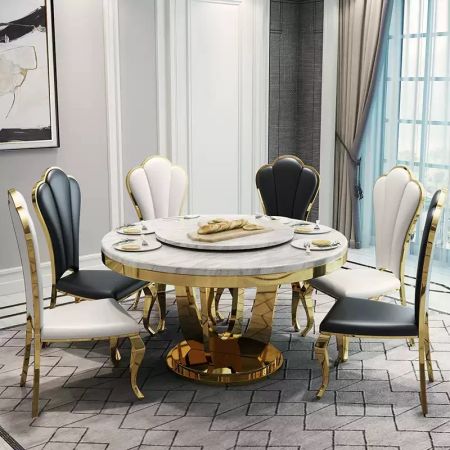Regal Gold Lotus Base Marble Round Dining Table with Lazy Susan More Colours & Sizes Customisable