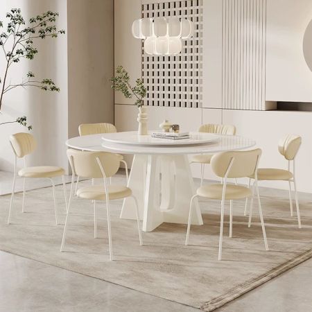 Modern Cutout Pedestal Base Sintered Stone Round Dining Table with Lazy Susan More Colours and Sizes Customisable