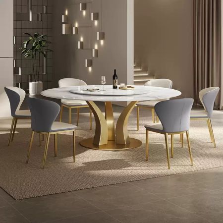 Italian Style Metal Leaf Base Sintered Stone Top Round Dining Table with Lazy Susan More Colours and Sizes are Customisable