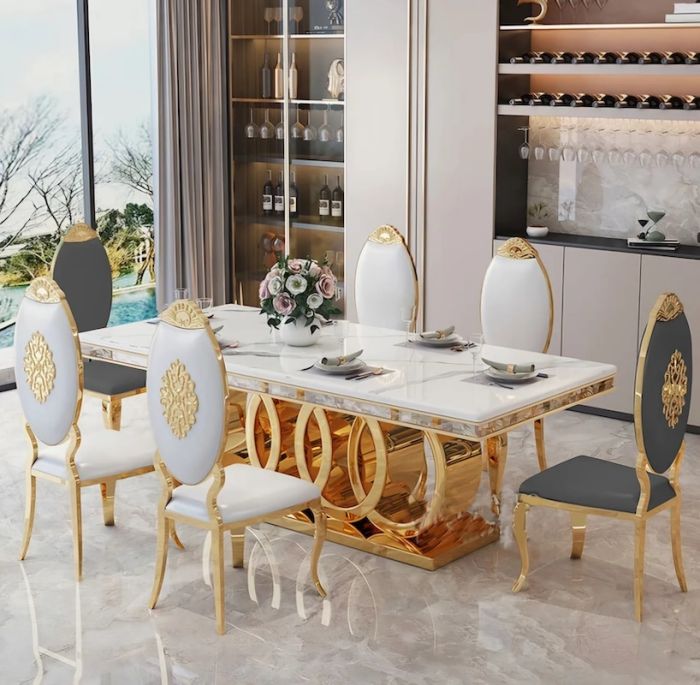 Luxury Metal Circles Base with Marble Top Dining Table More