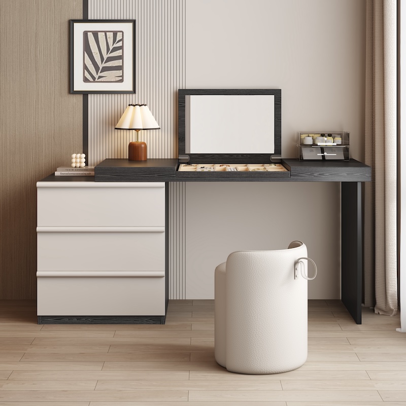 Modern MonoBlack Vanity & Dresser Set with Mirror and Chair