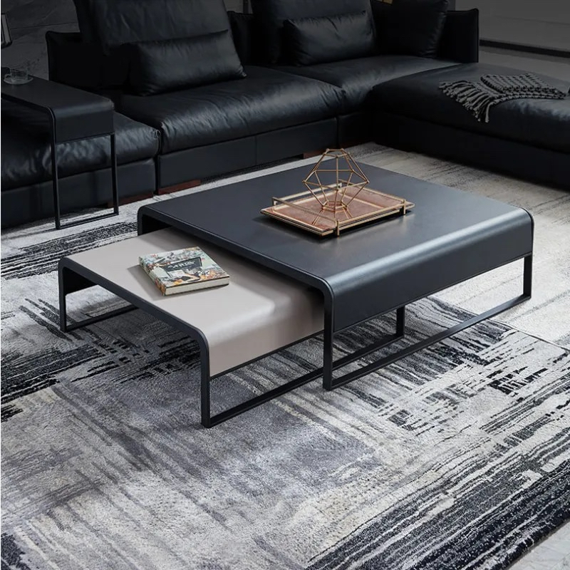 Microfiber Leather & Carbon Steel Designer Coffee Table Set Of 2 