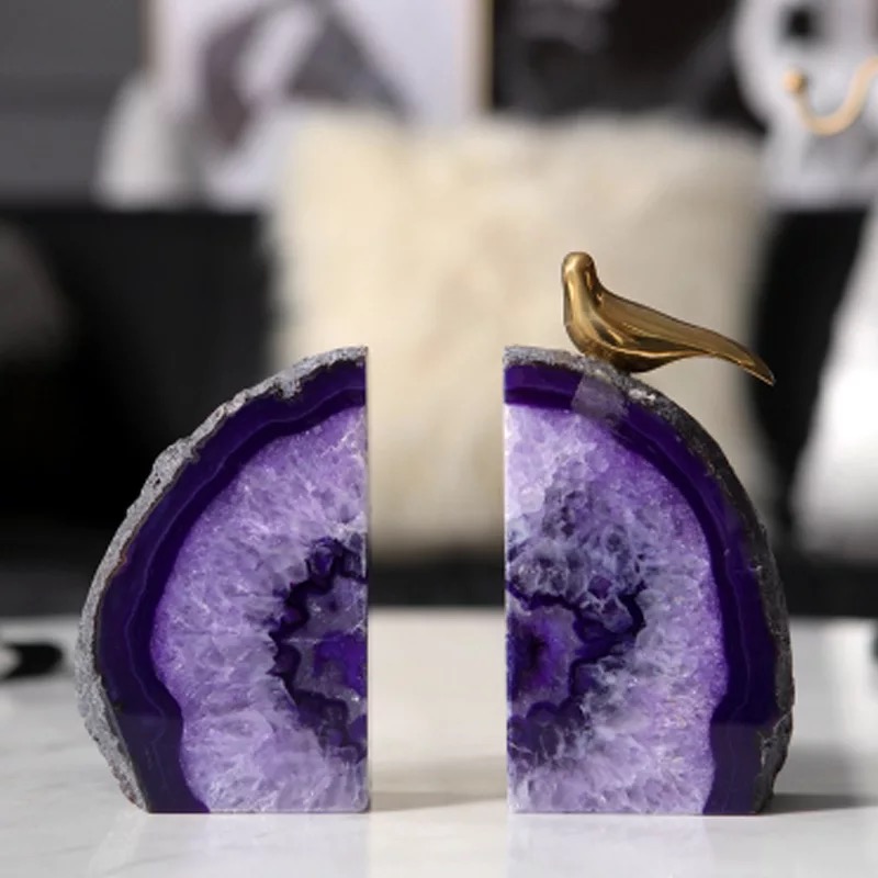 Modern Lux Bird Scuplture Décor Precious Stone With Metal Peach Handcraft Table Décor Purple