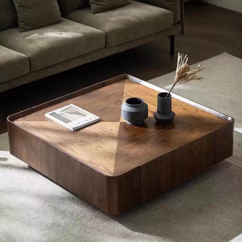 Modern Walnut Pyramid Storage Square Coffee Table with Two Drawers