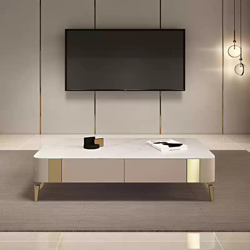 Beige Sintered Stone and Metal Legs Coffee Table