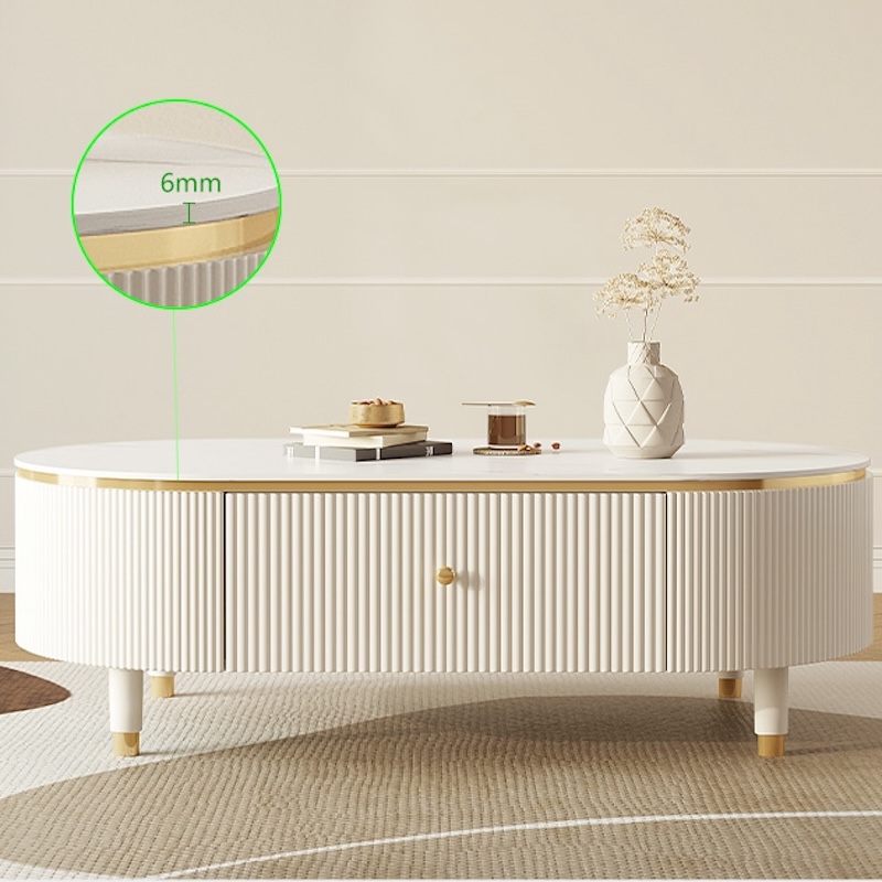 Striped White Sintered Stone Oval Coffee Table with Metal Legs