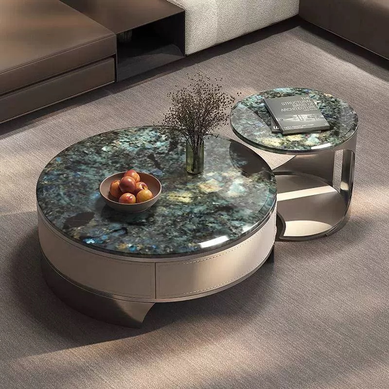 Lux Sintered Stone/Marble Leather Round Coffee Table Set of 2