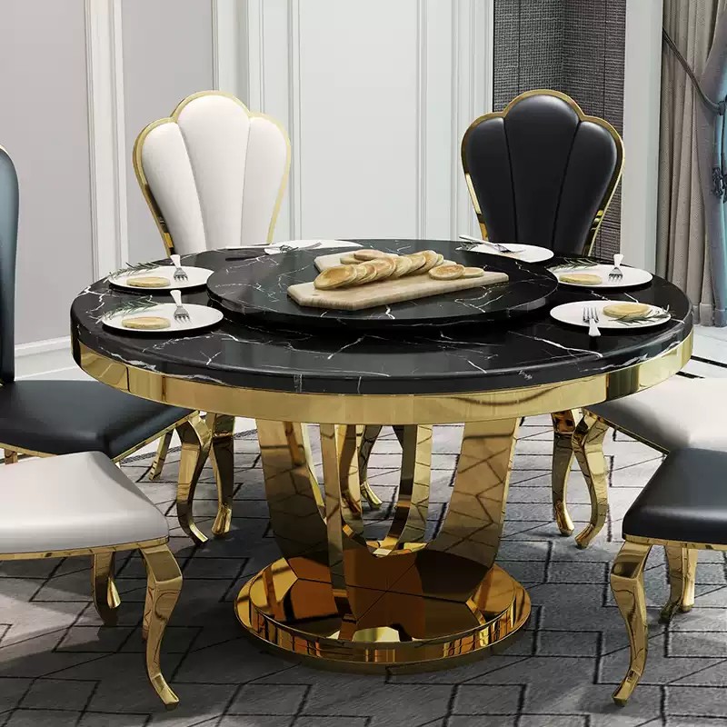 Regal Gold Lotus Base Marble Round Dining Table with Lazy Susan More Colours & Sizes Customisable