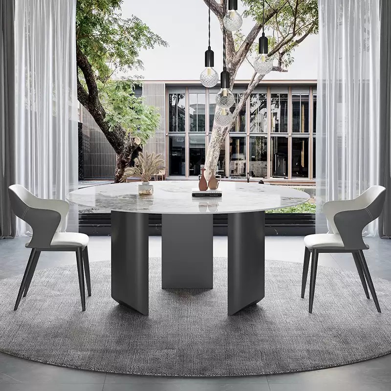 Wedge Style Metal Base Sintered Stone Round Dining Table with Lazy Susan More Colours and Sizes Customisable