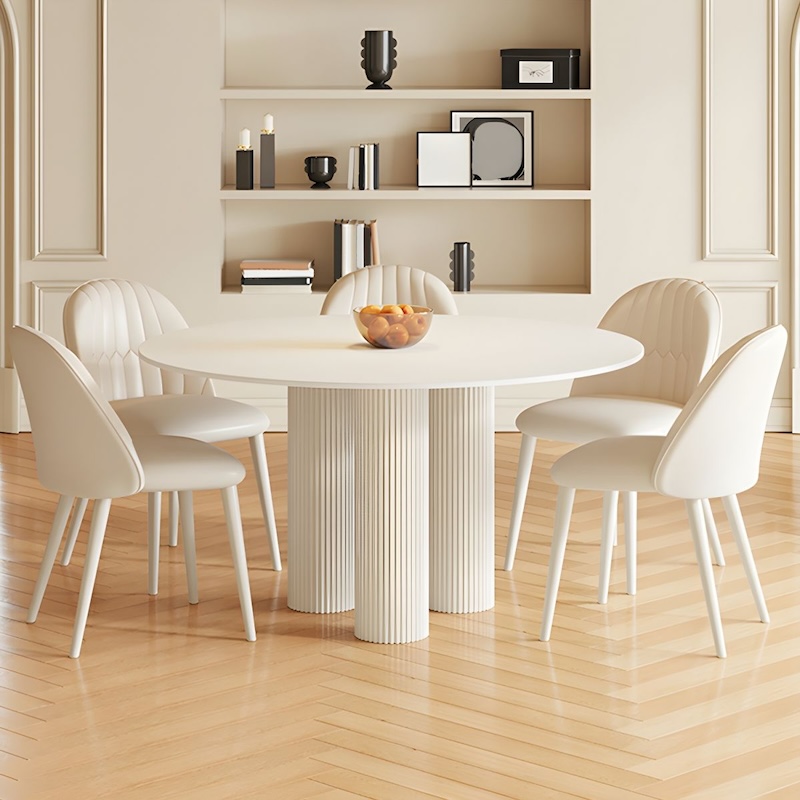 Modern Fluted Column Base Sintered Stone Round Dining Table with Lazy Susan More Colours & Sizes Customisable